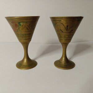 Set of 2 Vintage Etched Brass  Goblet Chalice Cups  2.5 in